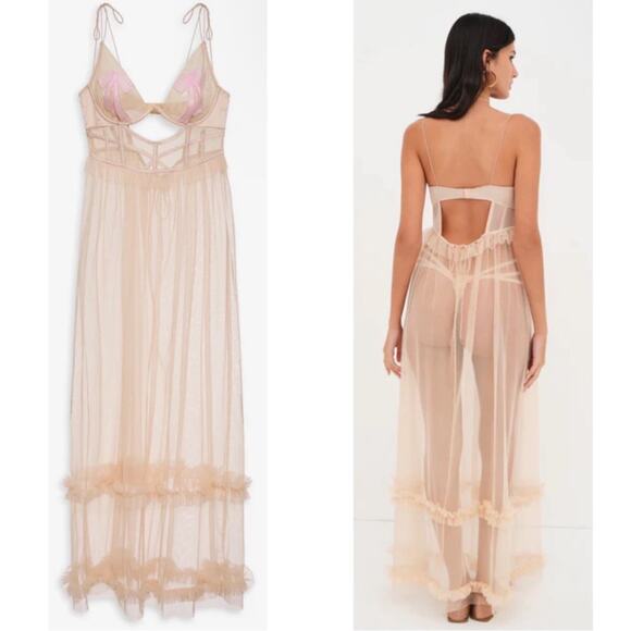 For Love & Lemons Akeria Sequin Bow Cutout Sheer Pink Maxi Slip Dress Size XXS - Picture 2 of 8